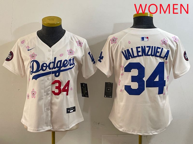 Women Los Angeles Dodgers #34 Valenzuela Cream Sakura Edition 2025 Nike MLB Jersey style 6->women mlb jersey->Women Jersey